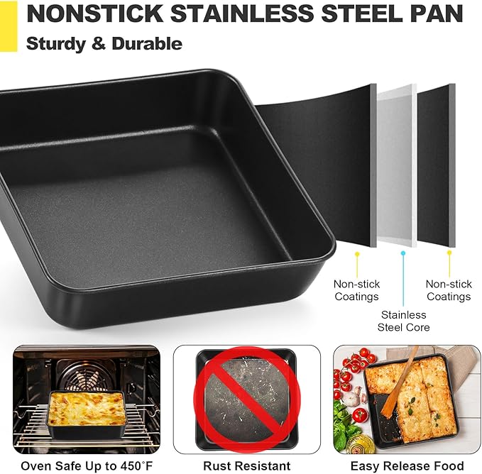 P&P CHEF Square Baking Pan with Lid, Nonstick Stainless Steel Square Cake Pan and Plastic Lid, Black Bakeware Tin for Lasagna Brownies, Sturdy & Easy Clean, (8 Inch, 2Pcs)