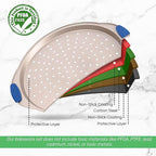 NutriChef 13-Inch Non-Stick Pizza Tray with Silicone Handle - Perforated Round Steel Pan, Dishwasher Safe - 2 Pack - Champagne Gold