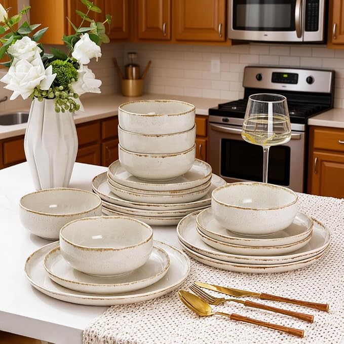 AmorArc Ceramic Dinnerware Sets, Wavy Rim Stoneware Plates and Bowls Sets, Highly Scratch Resistant | Dishwasher & Microwave Dishes set, Service for 8 (24pc)-Speckled Cappuccino