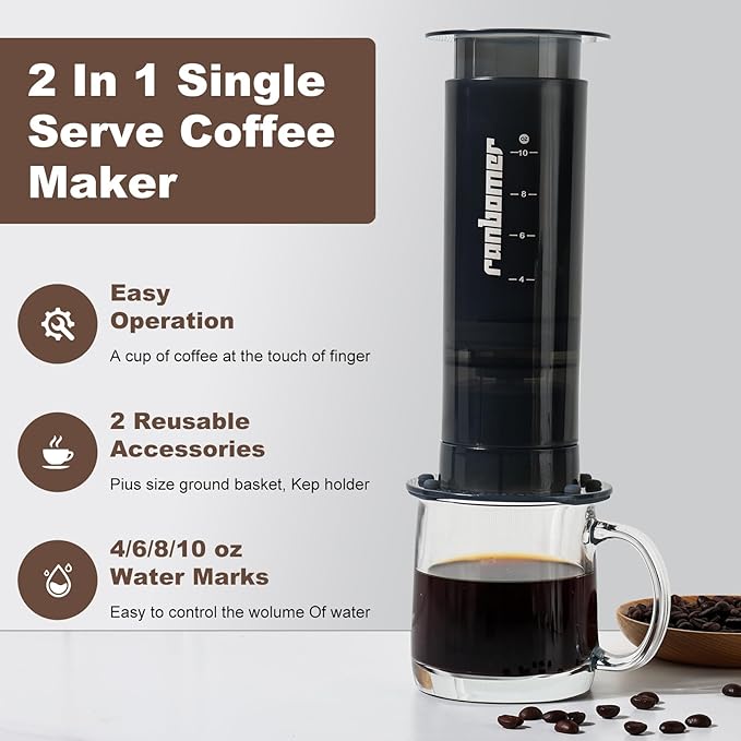 French Press Coffee Maker, 2-in-1 Single Serve K Cup Compatible, Portable Coffee Machine for Ground Coffee, Black, 10 Oz Capacity, for Camping, Travel