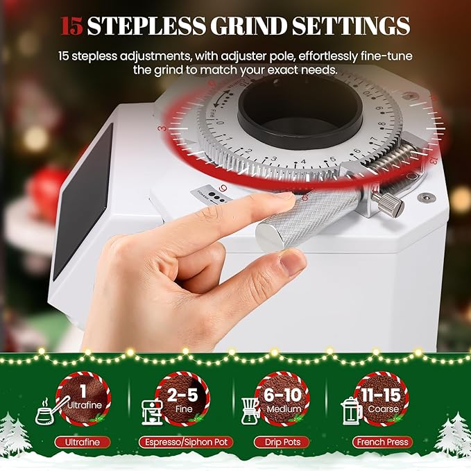 Huanyu Professional Coffee Grinder with 74mm Flat Burr 53ounce Bean Hopper 15 Infinite Grinding Settings Electric Coffee Grinder with Touching Screen White