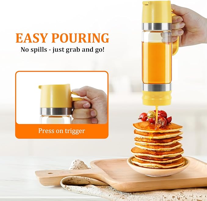 Aelga Glass Honey Dispenser Pot, No Drip 12 OZ Honey Jar with Handle, Syrup Dispenser for Coffee or Tea, Yellow