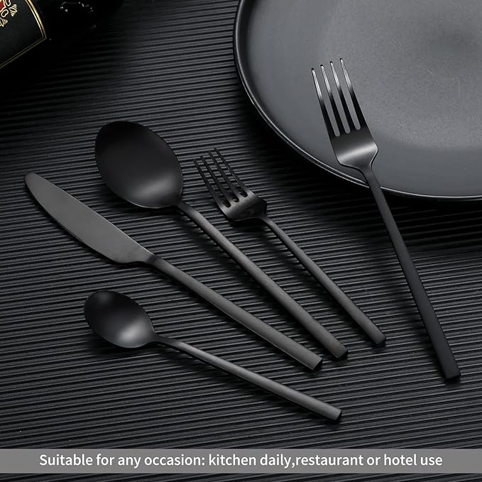 40-Piece Black Silverware Set, Rectangular Flatware Set for 8, Matte Polished Stainless Steel Cutlery Set, Food-Grade Utensils Set, for Home Kitchen Restaurant, Dishwasher Safe