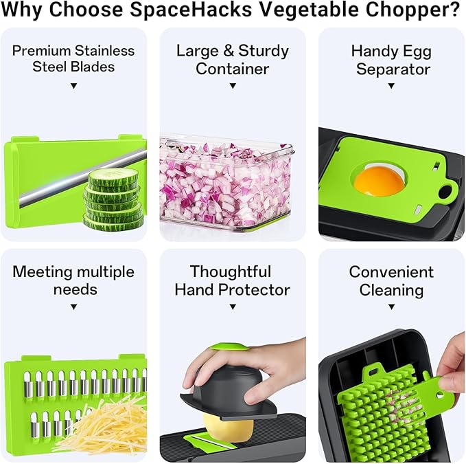 12-in-1 Vegetable Chopper, Kitchen Gadgets with 7 Blades, Veggie, Food, Onion Chopper, Cucumber Slicer, Versatile Mandoline, Includes Egg Separator & Finger Guard, Green