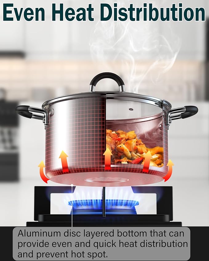 Cook N Home Stainless Steel Cookware Sets 10-Piece, Pots and Pans Kitchen Cooking Set with Stay-Cool Handles, Dishwasher Safe, Silver