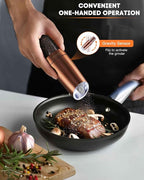 AmuseWit Electric Gravity Pepper Mill or Salt Grinder Mill [White Light] - Battery Operated Automatic Pepper Grinder with Light, Adjustable Coarseness, One Handed Operation, Cleaning Brush, Copper