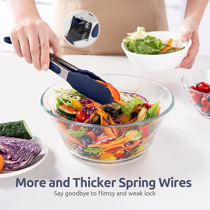 600ºF Heat Resistant Kitchen Tongs: U-Taste 9 in Silicone Cooking Tong with Firm Sealed Non Stick Rubber Tips & Silicon Coated 18/8 Stainless Steel Handle & Smooth Lock for Serving Grill-Midnight Blue