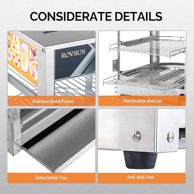 ROVSUN 5-Tier Commercial Food Warmer Pizza Warmer Countertop, Food Warmer Display with LED Lighting Removable Shelves Glass Door, Pretzel Warmer for Buffet Restaurant Cafe, 110V 800W