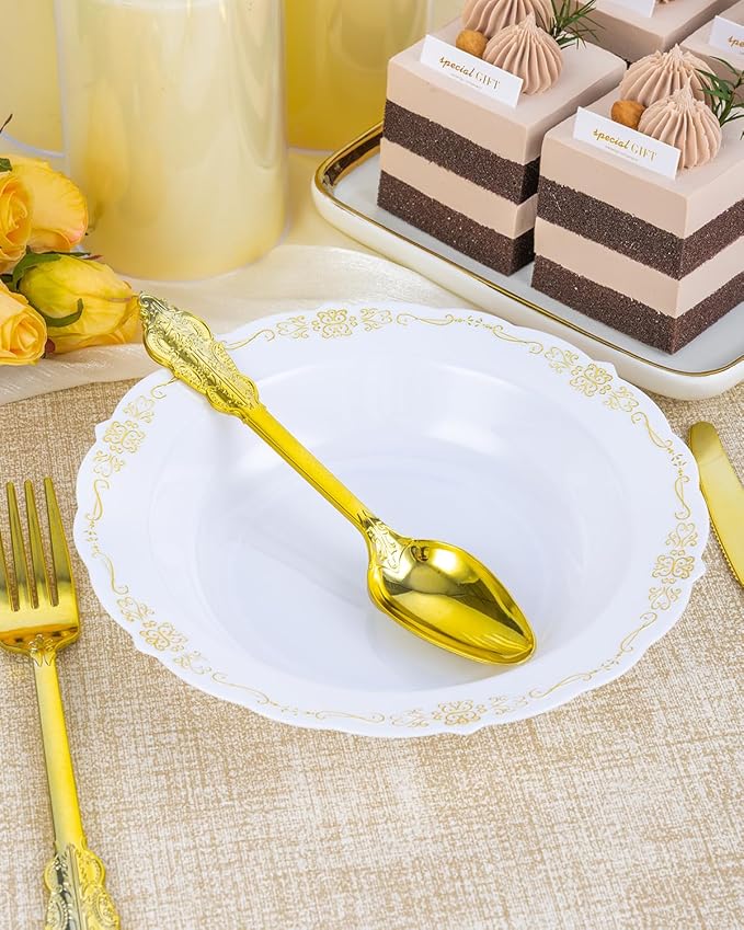 50 Pack White Plastic Bowls with Gold Rim, 12oz Disposable Soup Bowl, Heavy Duty Dinner Bowls for Party, Weddings, Dinners, Catering and Everyday Use