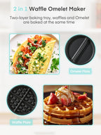 FOHERE 2-in-1 Waffle Maker & Omelette Maker, 1400W Double Belgian Waffle Iron 180° Flip, Adjustable Browning Control, Rotating & Nonstick Pans, Removable Drip Tray, Cool Touch Handle (Mint Green)