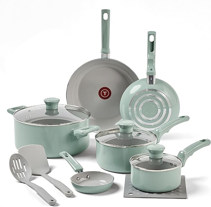 T-Fal Refresh Ceramic Nonstick Cookware Set, Oven Safe Up to 350ºF, 12-Piece, Includes Stockpot, Griddle, Frying Pans, Utensils, Ceramic Pots and Pans Set, Mint Green
