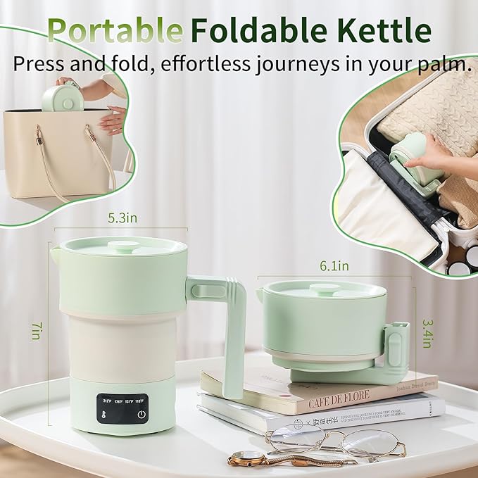 Collapsible Electric Kettle-600ML Foldable Travel Water Boiler, 600W Portable Hot Water Kettle with 4-Temp Presets, Food Grade Silicone for Hotel, Office, Camping (Green, 600mL)