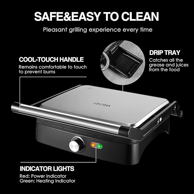 OSTBA Panini Press Grill with Adjustable Temperature, 4-Slice Indoor Grill, 180° Open Sandwich Maker with Drip Tray, Non-Stick Plates, Stainless Steel, 1200W