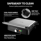 OSTBA Panini Press Grill with Adjustable Temperature, 4-Slice Indoor Grill, 180° Open Sandwich Maker with Drip Tray, Non-Stick Plates, Stainless Steel, 1200W