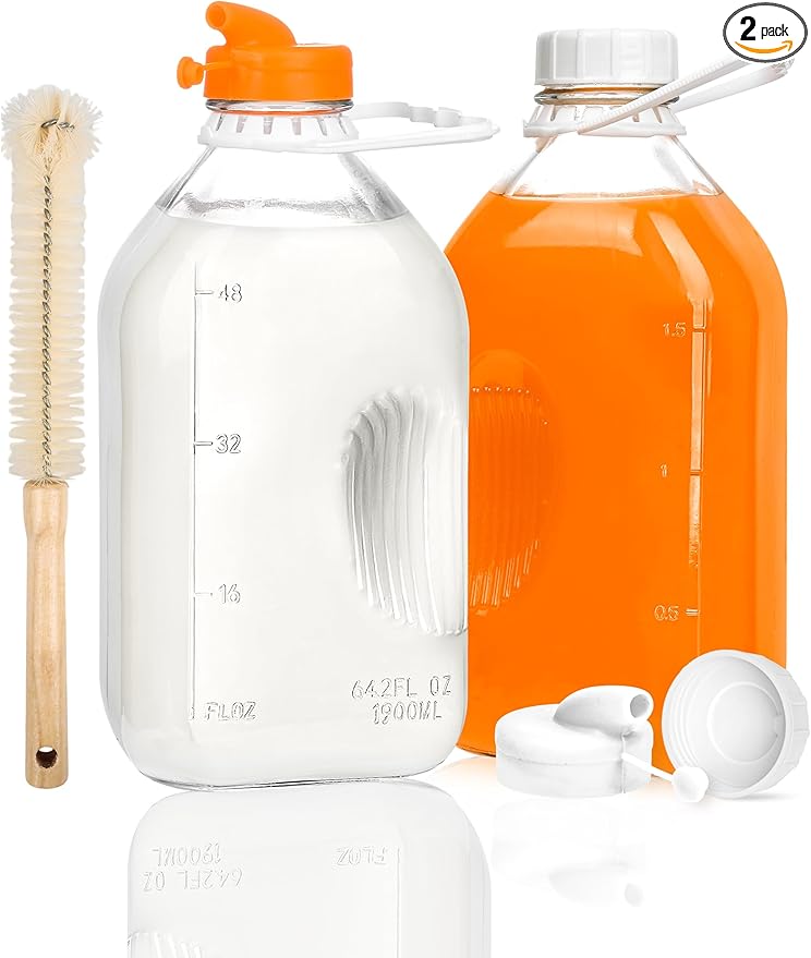 2QT Heavy Duty Glass Milk Bottle with Lid,2Pack 64oz Glass Milk Jug with Reusable Airtight Screw Lid,Bottles for Juice,Water,Oat or Plant Milks