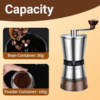 Ceramic Burr Manual Coffee Grinder with 8 Adjustable Coarseness Settings for Cold Brew Espresso Beans French Press Pour Over Drip Stainless Steel Hand Crank Coffee Mill for Home use or Travel Camping