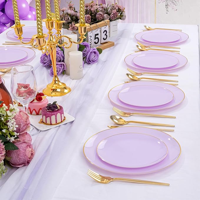 PULOTE 100PCS Purple Plastic Plates Disposable - Include 50 Dinner / 50 Dessert Plates Heavy Duty for Party, Wedding&Easter