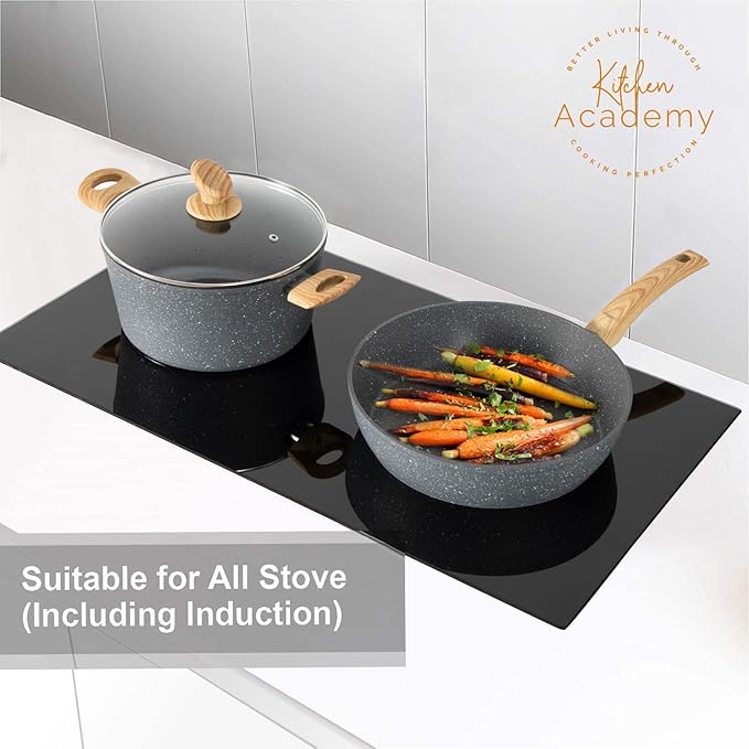 Kitchen Academy Induction Cookware & Bakeware Set - 30 Piece Grey Granite Cooking Pans Set, Non Toxic Pots and Pans Set Non Stick