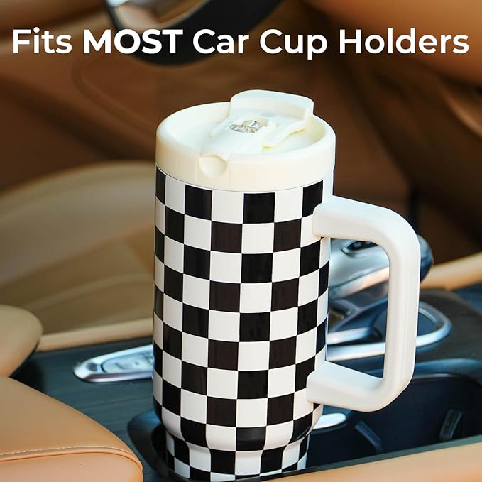 ProTour 100% Leakproof 40 oz Tumbler with Handle & 4-in-1 SipSwig Lid | Built-In Flip Straw & External Stainless Steel Straw | Insulated Stainless Steel Cup | BPA-Free | Black & White Checkered