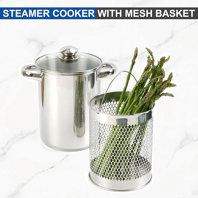 Asparagus Pot Deep Fryer Pot, Stainless Steel Steam Cooker with Basket and Lid Vegetable Asparagus Cooker for Pasta, Spaghetti, Japanese Tempura Small Deep Frying Pot with Oil Drip Drainer Rack, 4 Qt