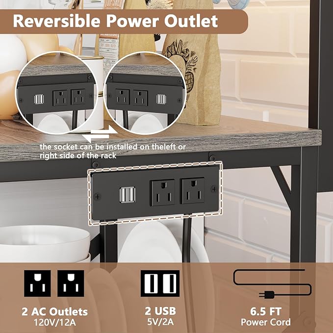 Furologee Bakers Rack with Power Outlet and LED Light, Small Coffee Bar Station with 4 Tier Shelves, Microwave Stand Table with 6 S Hooks, Kitchen Storage Rack for Spices, Pots, Black Oak