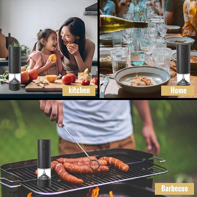 Electric Pepper Grinder, Rechargeable Automatic Pepper Mill Grinder with Led Light, One Hand Operation, One-Button Control, Adjustable Coarseness, Refillable 70ml, Black(1 Pack)