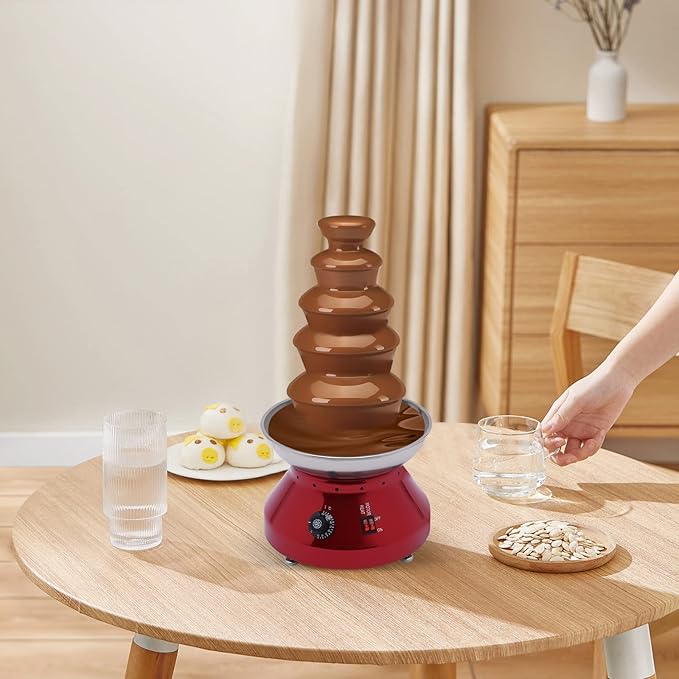 Commercial Chocolate Fountain Machine 5-Tier, 7 Lb Large Capacity Stainless Steel Melting Heater, 3000ml 230w 110v, for Hot Chocolate, Nacho Cheese, Liqueurs Electricfor Wedding, Party (Red)