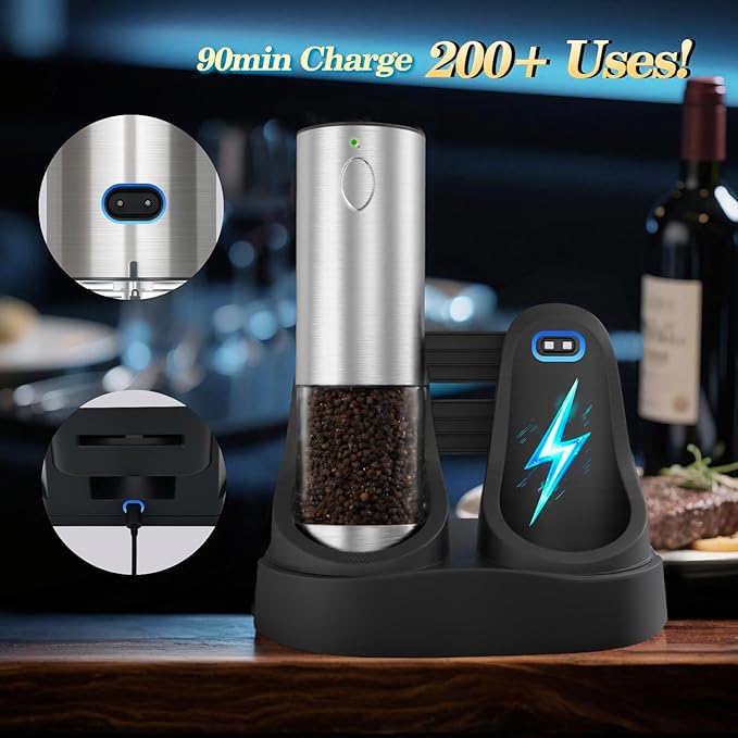 Electric Rechargeable Salt and Pepper Grinder Set - USB-C Charging Base, Large Capacity 100ml, Adjustable Coarseness, Stainless Steel Automatic (2 Pack)