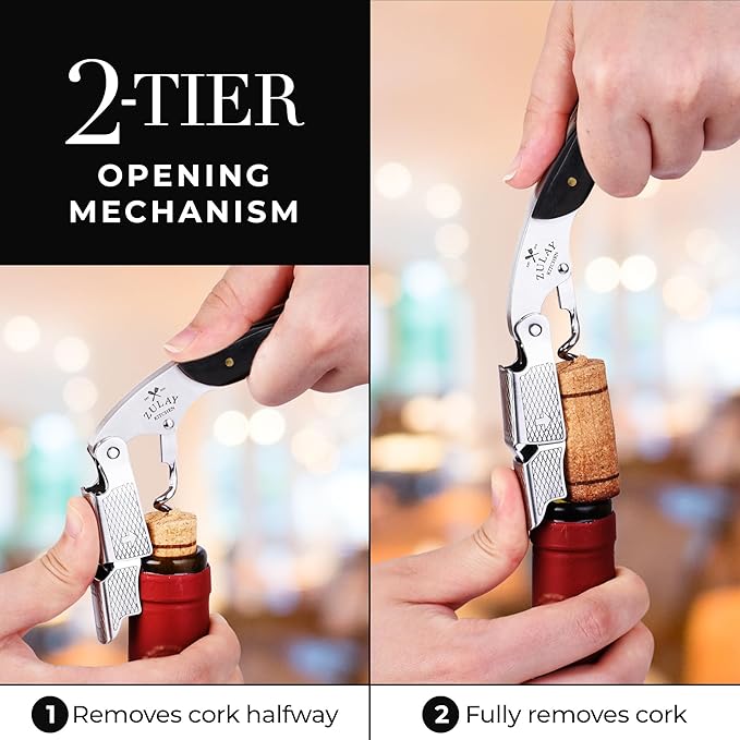 Zulay Kitchen Corkscrew Wine Opener - Premium 420 Stainless Steel & Ebony Wood Wine Bottle Opener - Double Hinged Opener with Foil Cutter & Cap Remover - Ebony Wood