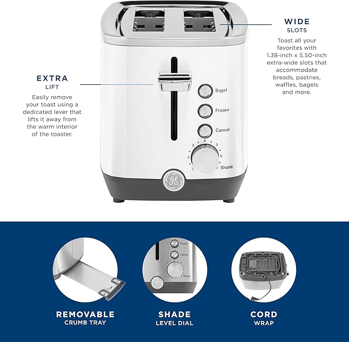 GE 2 Slice Toaster, Extra Wide Slots for Toasting Bagels, Breads, Waffles & More, 7 Adjustable Shade Settings, Removable Crumb Tray, Countertop Kitchen Essentials, 850 Watts, White