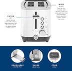 GE 2 Slice Toaster, Extra Wide Slots for Toasting Bagels, Breads, Waffles & More, 7 Adjustable Shade Settings, Removable Crumb Tray, Countertop Kitchen Essentials, 850 Watts, White