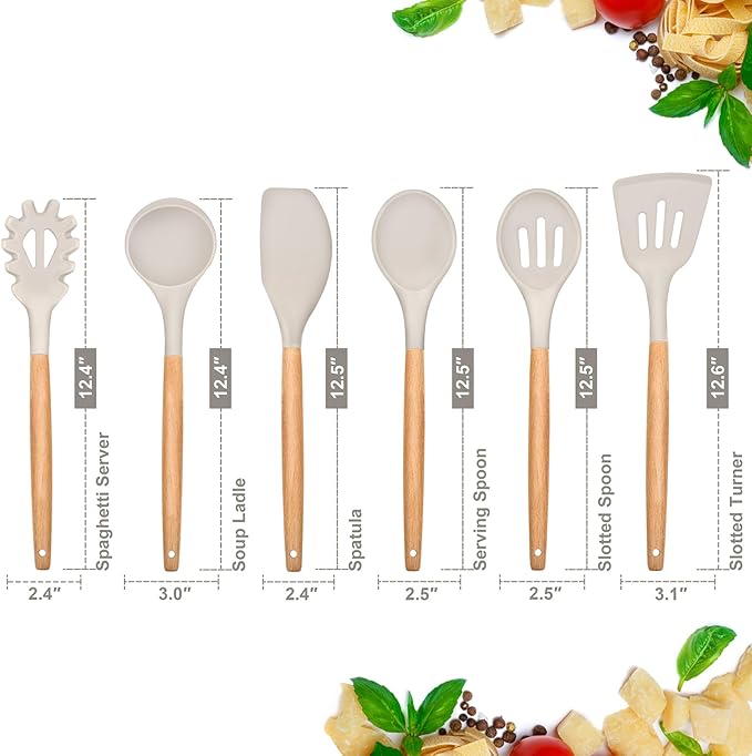 E-far Cooking Utensils Set of 6, Silicone Kitchen Utensils with Wooden Handle, Non-stick Cookware Friendly & Heat Resistant, Includes Spatula/Ladle/Slotted Turner/Serving Spoon/Spaghetti Server(Khaki)