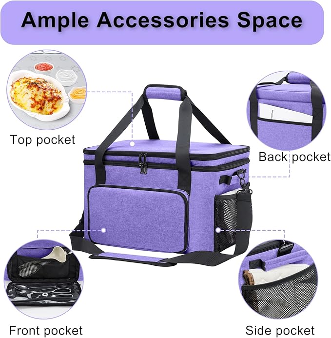 Slow Cooker Carrying Bag, Double Layer Insulated Design Slow Cooker Carrier with Removable Hard Liner and Pot Lid Fastener Fit for 6-8 Quart Crock Pot, Purple