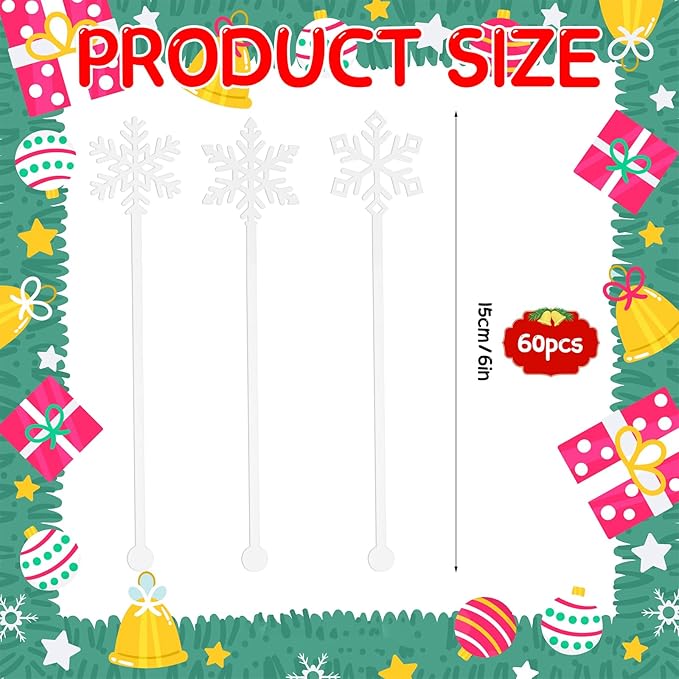 60 Pcs Snowflake Coffee Stirrers Christmas Stir Sticks Winter Stirrer Cocktail Drink Swizzle Sticks SnowflakeTop Swizzle Holiday Coffee Bar Xmas Christmas Party Supplies