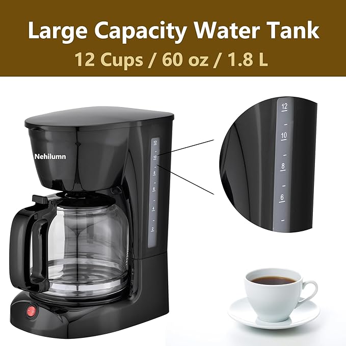 12 Cup Drip Coffee Maker Machine, Coffee Pot Machine Permanent Coffee Filter,1.8L Glass Carafe Electric Coffee Maker,950W Black