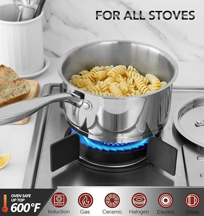 MICHELANGELO Stainless Steel Saucepan Set with Stainless Lids, Tri-Ply Bottom Sauce Pan with Lid, Sauce Pot Set 1QT & 2QT, Nonstick Saucepan, Dishwasher Safe