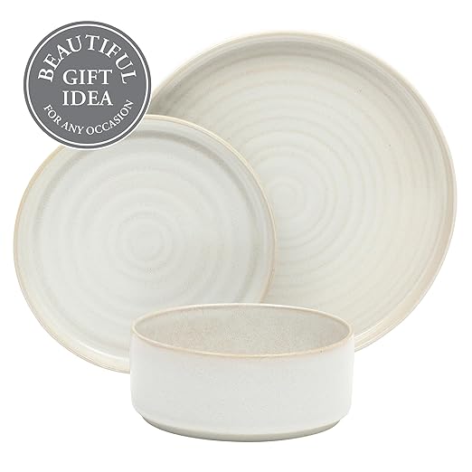 Gibson Elite Echo Bay 12 Piece Porcelain Reactive Glaze (Service for 4) Ceramic Plates and Bowls Modern Stackable Dinnerware Set - White