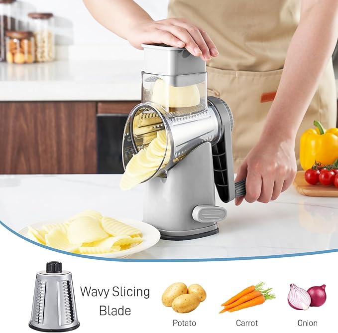 VEKAYA Cheese Grater, Cheese Grater Hand Crank, 4 Interchangeable Blades Cheese Shredder, Vegetable Slicer, Non-slip Suction Base, Easy to Clean Rotary Grater with Handle (Grey)