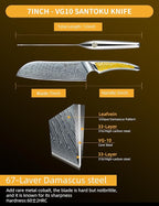 7 inch Santoku Knife, Japanese VG-10 Damascus Steel Chef Knife, Ultra Sharp Kitchen Knife with Full-tang Handle in Yellow Resin, LA-S9 Series