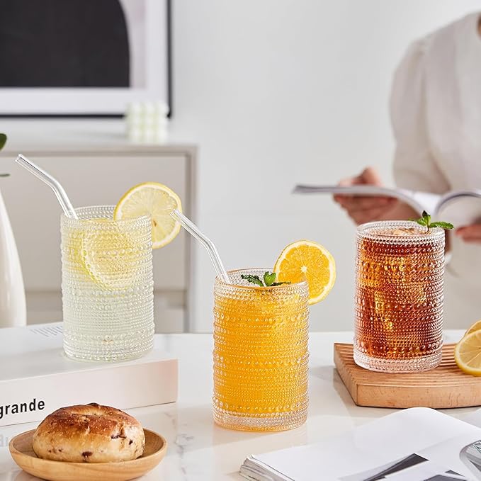 Vintage Hobnail Drinking Glasses Set of 12, 15oz Textured Tumblers - Embossed Clear Bar Glasses for Cocktails, Beer, Whiskey, Dishwasher-Safe Highball Cups for Kitchen, Juice & Mixed Drinks