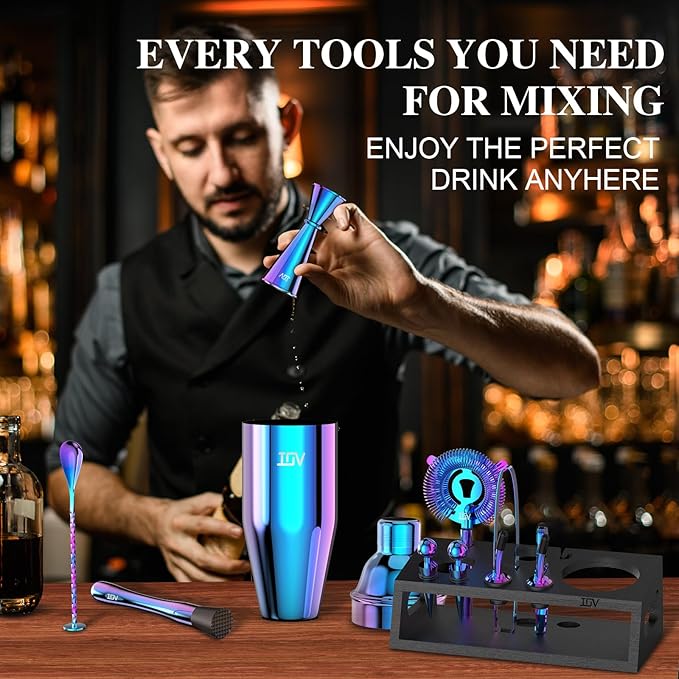 IOV Mixology Bartender Kit with Stand | 12-Piece Cocktail Shaker Set | 24oz Martini Shaker Set for Drink Mixing | Bar Set Includes All Bar Tools and Recipe Booklet | Fun Housewarming Gift (Rainbow)