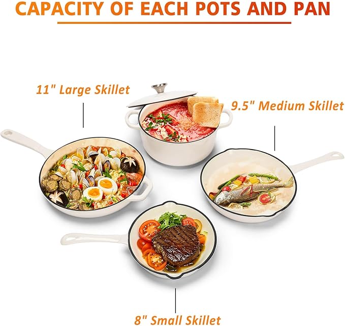 Enameled Cast Iron Cookware Set, 5-Piece Ceramic Coated Pots & Pans with Dutch Oven and Lid, PFAS/PTFE/PFOA-Free, Induction Gas Oven Safe, Cream White Cookware Set