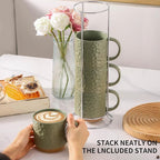 Nihow Ceramic Coffee Mug Set of 4, 16OZ Stackable Coffee Mug Set with Stainless Stand,Large Cup Set for Cappuccino,Tea,Hot/Cold Drinks,Dishwasher & Microwave Safe,Matte Green