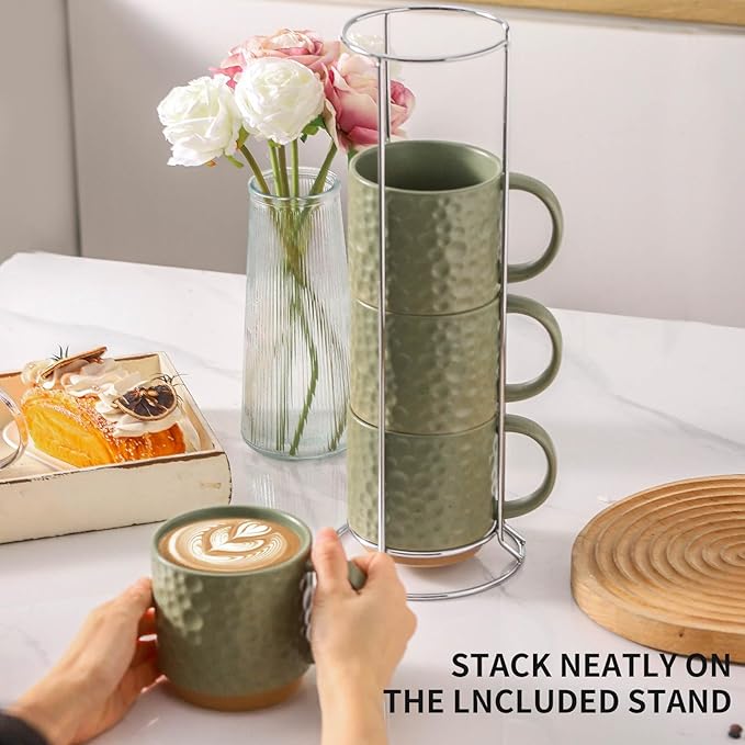 Nihow Ceramic Coffee Mug Set of 4, 16OZ Stackable Coffee Mug Set with Stainless Stand,Large Cup Set for Cappuccino,Tea,Hot/Cold Drinks,Dishwasher & Microwave Safe,Matte Green
