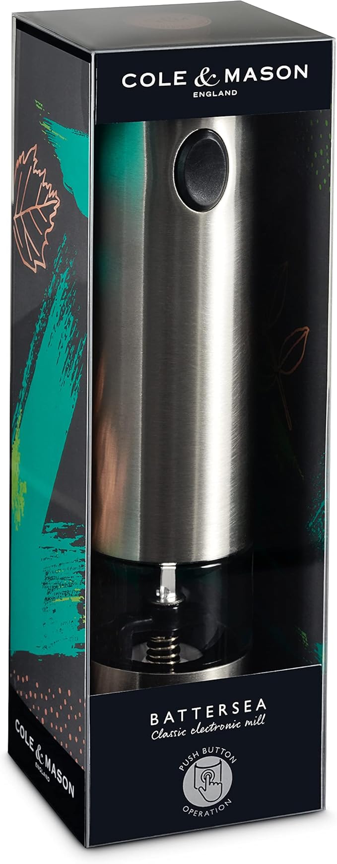 Cole & Mason Battersea Electronic Salt & Pepper Mill - One-Button Salt & Pepper Grinder - Refillable & Adjustable Salt & Pepper Shakers - Kitchen Accessories - Stainless Steel - 1 Pack