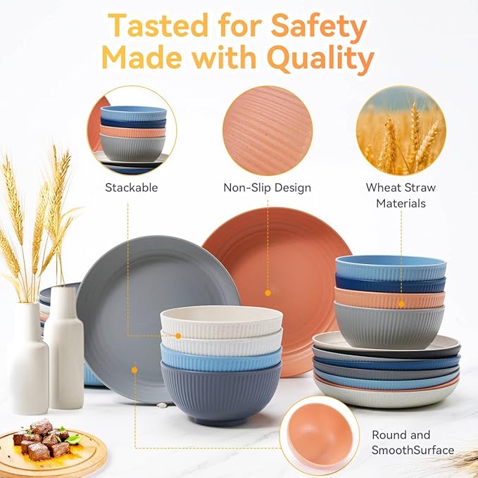 Hommaly Wheat Straw Dinnerware Sets,42-Piece Plates and Bowls Sets for 6-Unbreakable,Reusable Plastic Dish Set-Dinner Plate/Cereal Bowl/Cup/Utensils-Microwavable Dishwasher Safe 42P-Tropical