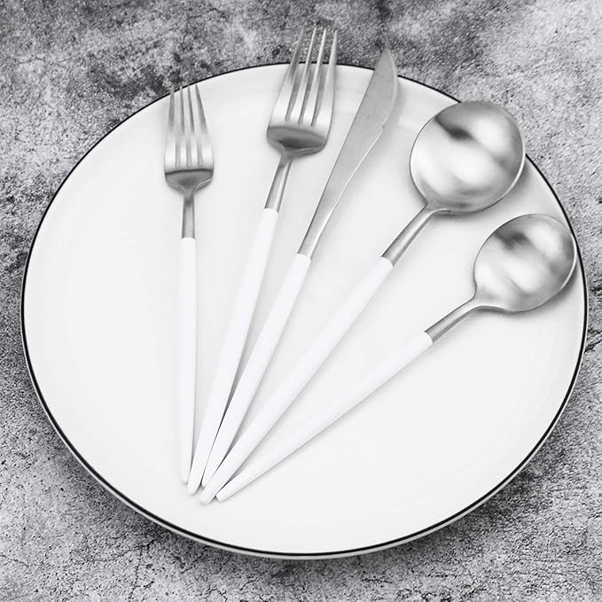 Gugrida 20-Piece 18/10 Stainless Steel Flatware Silverware, Luxury Dinnerware Set Travel Cutlery Tableware Include Knife Fork Spoon Service for 4, Dishwasher Safe (White Handle Matte Silver)