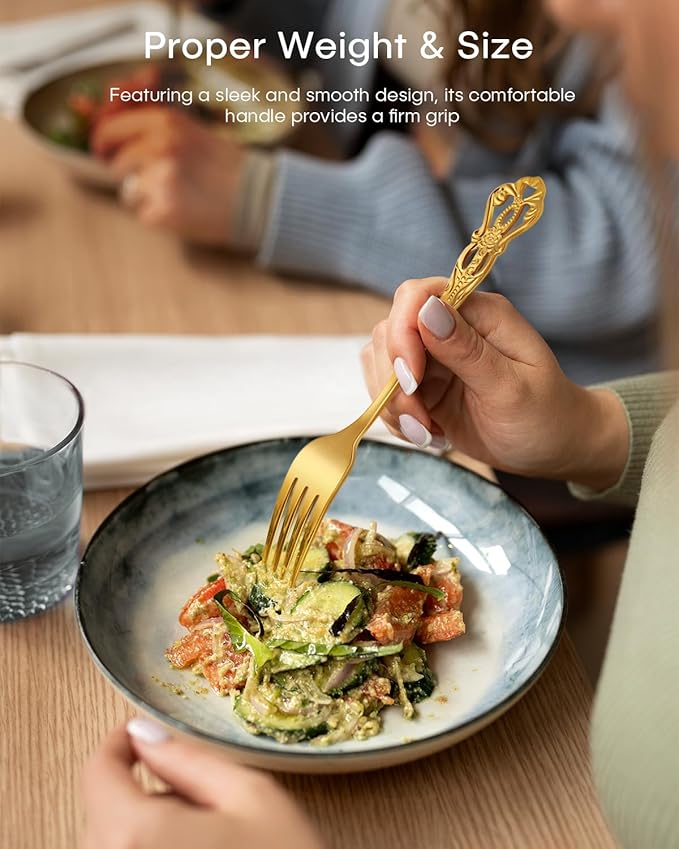 Gold Silverware Set, Ollex 48-Piece Retro Royal Flatware Set for 8 with Anti-rust Silverware Steel Black Steak Knives and Gold Spoons Forks Utensil Set, Mirror Polished&Dishwasher safe