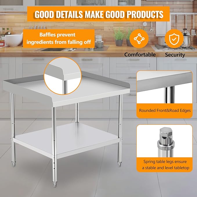 36x28x30 Inch Stainless Steel Equipment Grill Stand Table 400 Lbs Capacity NSF Certified with Adjustable Legs, 2" Edge Baffle, for Hotel, Home, Commercial Restaurant Kitchen