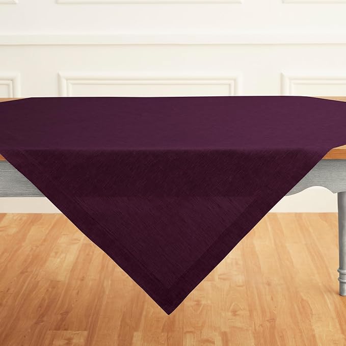 Solino Home Linen Tablecloth 52 x 52 Inch - 100% Pure Linen Square Table Throw - Athena, Machine Washable Chambray Burgundy Tablecloth for Summer, Fall, Autumn